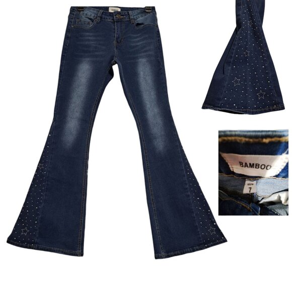 Y2K Bamboo Womens 7 Flare Jeans Denim Bling Wide Leg Star Stud Vintage Boho 90s - Picture 1 of 16